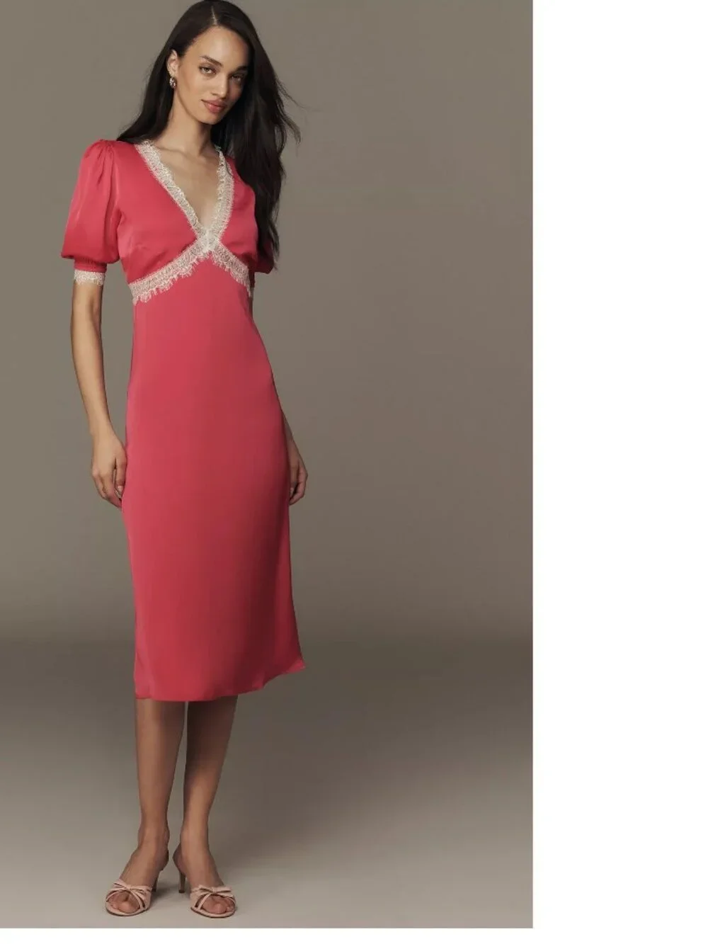 By Anthropologie V-Neck Lace Trim Midi Dress size S ROSE color new